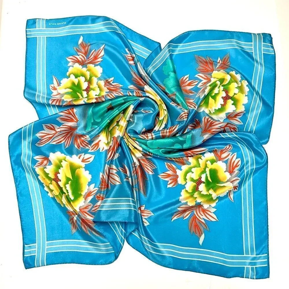 Elaine Gold for Collection XIIX Silk Square Scarf Floral Blue Gold made in Japan